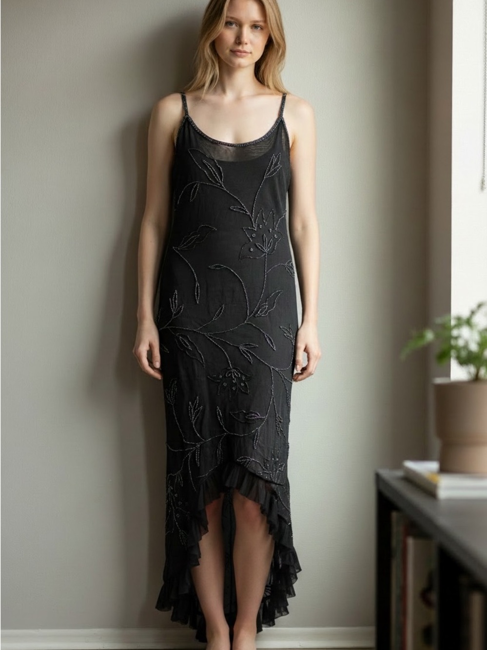 Black Beaded Slip Dress with Ruffled Hem